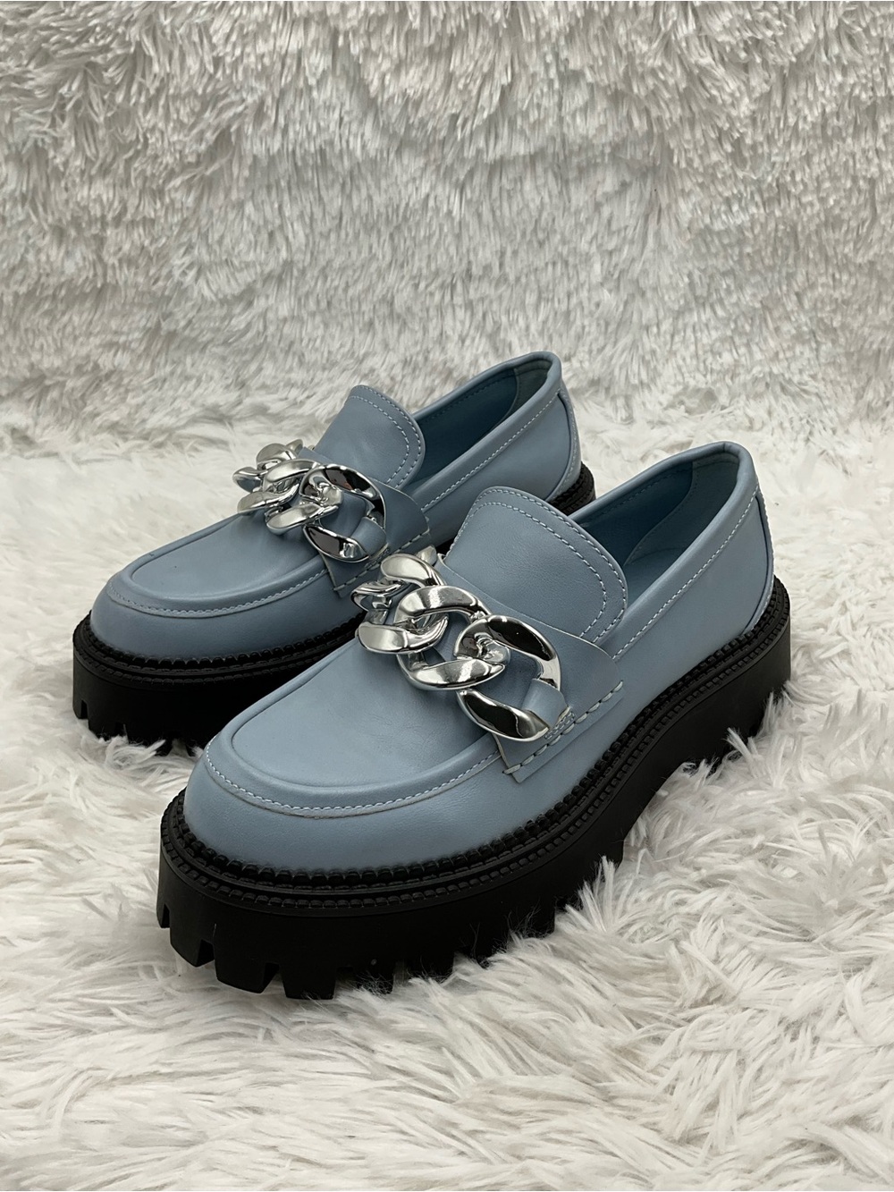 Steve Madden BIANCA Loafers Size 5 Blue Chunky Platform Lug w/ Silver Chain